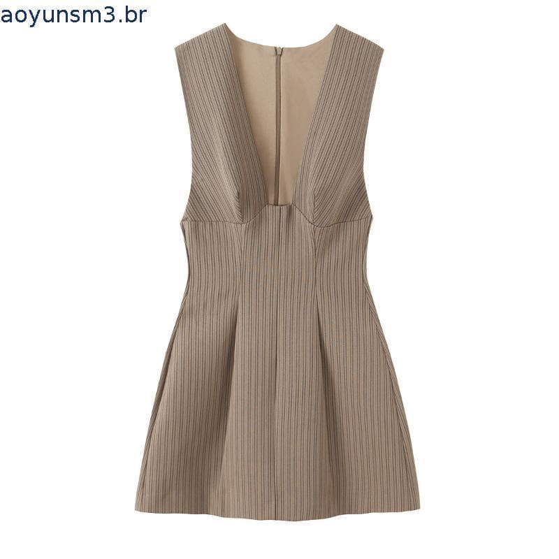 ZA 2026 Novo estilo feminino costura invisível zíper abertura fechamento com decote em V sem mangas vestido curto listra