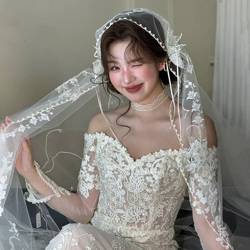 Véu de renda vintage francês com laço para a noiva, vestido de noiva principal com cauda, acessório de cabeça nupcial su