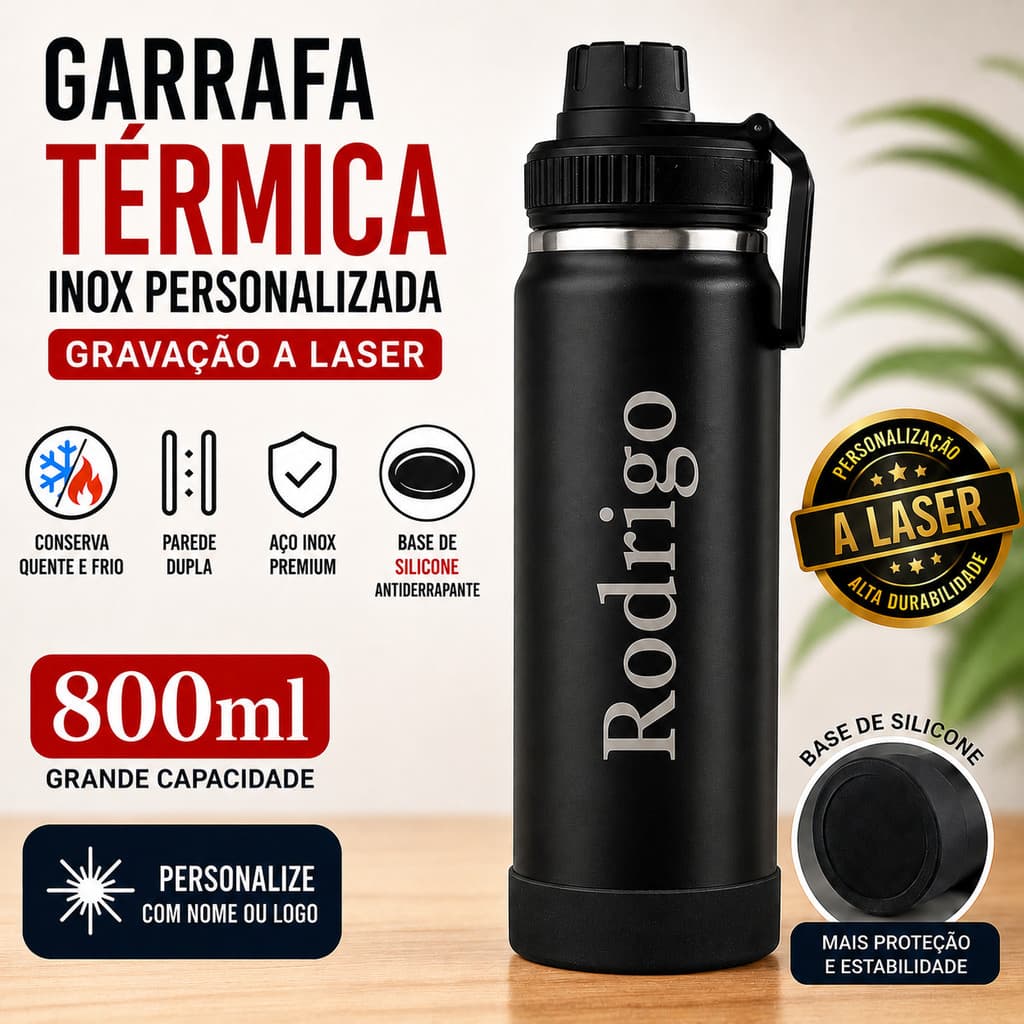 Garrafa Térmica Personalizada 800ml Inox Gravação a Laser Nome Logo Base de Silicone
