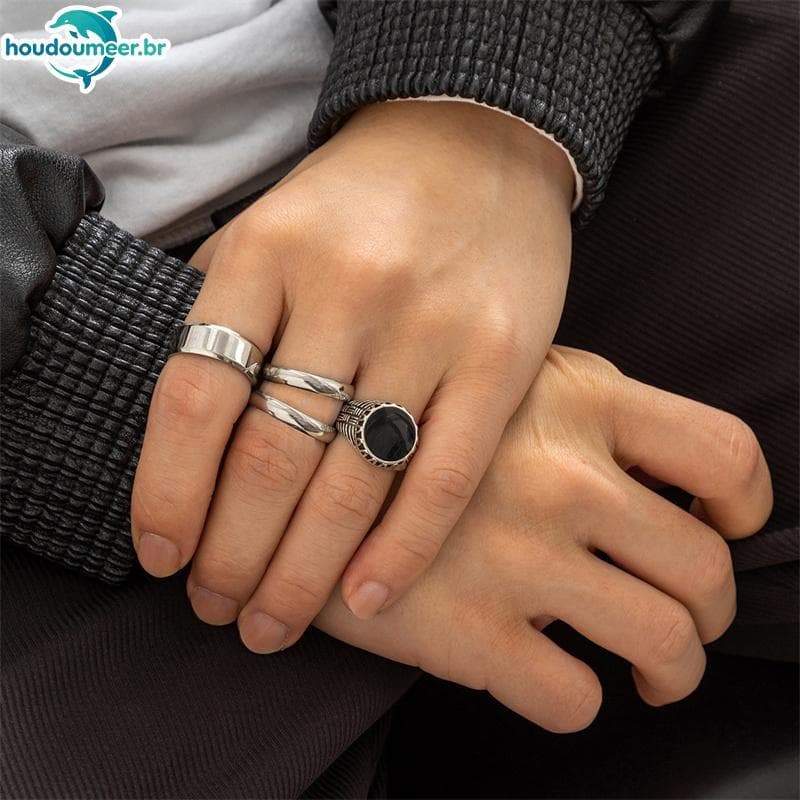 Conjunto De Anéis Masculinos De Aço Inoxidável HOUDO , De Gotejamento De Óleo Premium Da Moda De 4 Peças Para Homens