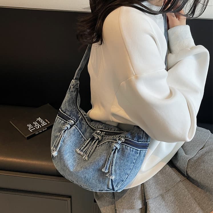 Bolsa de lona feminina, bolsa de jeans estilo dumpling, bolsa transversal leve, bolsa jovem e moderna para estudantes un