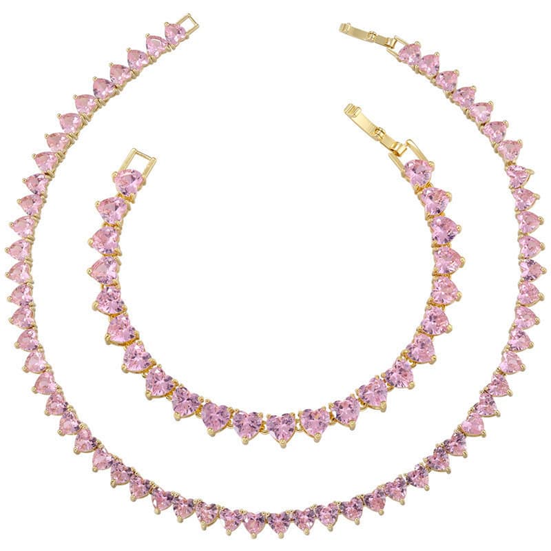 Pulseira e colar de diamante com coração de pêssego rosa microconjunto (estilo feminino)