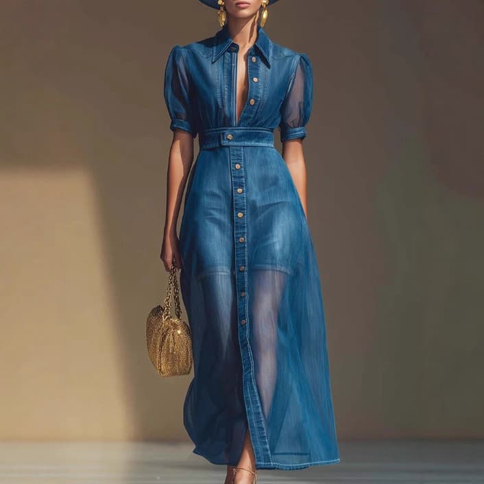 Vestido longo de moda requintada europeia e americana, com decote em V, manga curta, em organza azul imitação de jeans.