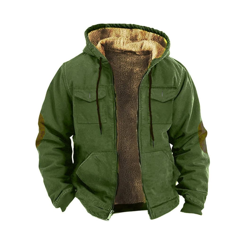 Men Plush Lining Jacket Full Zipper Men's Thermal Hooded with Long Sleeve Solid Color Coat Drawstring Hood Closure Pocke