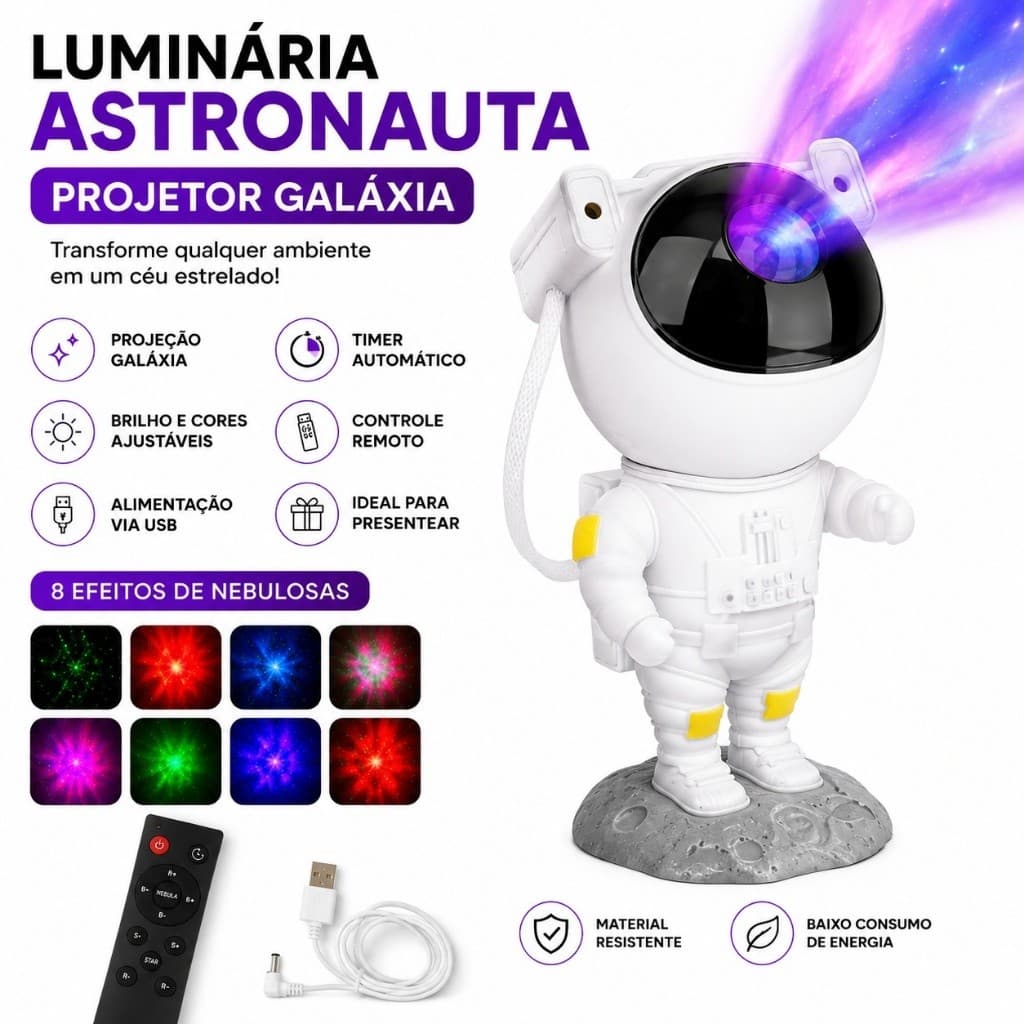 Luminária Astronauta Projetor Galáxia LED 360° com Controle Remoto Timer e Luz Noturna