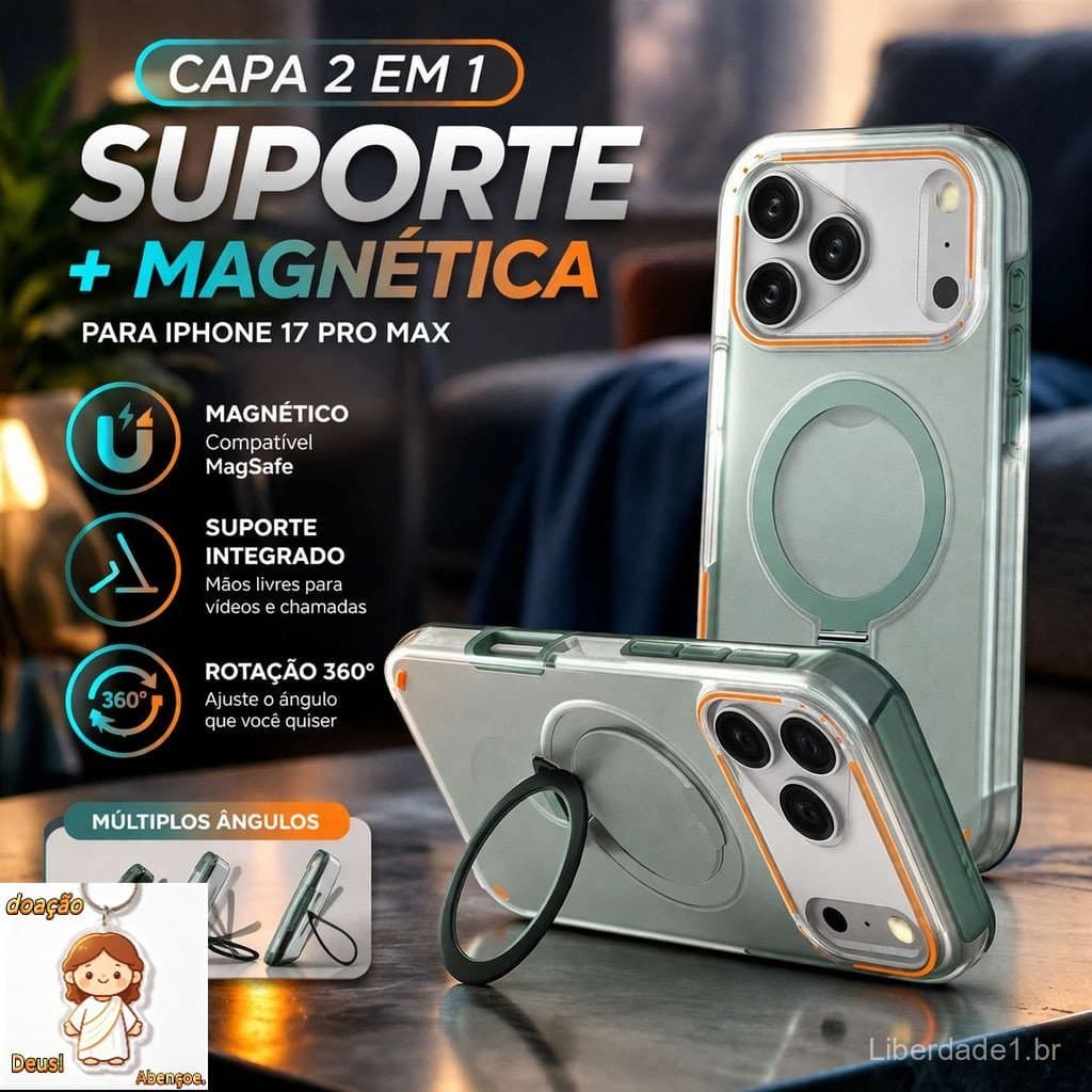 Capa iPhone 17 Pro Max 16 15 14 13 12 Suporte 360° Magnético Anti Queda Transparente Premium
