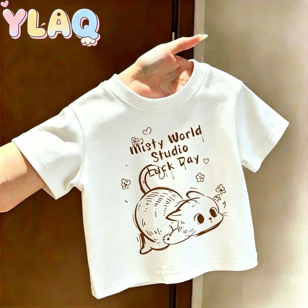 2026 Novo Estilo De Camiseta Infantil De Manga Curta Com Estampa De Gato Fofo , Top Casual Para Meninos E Meninas