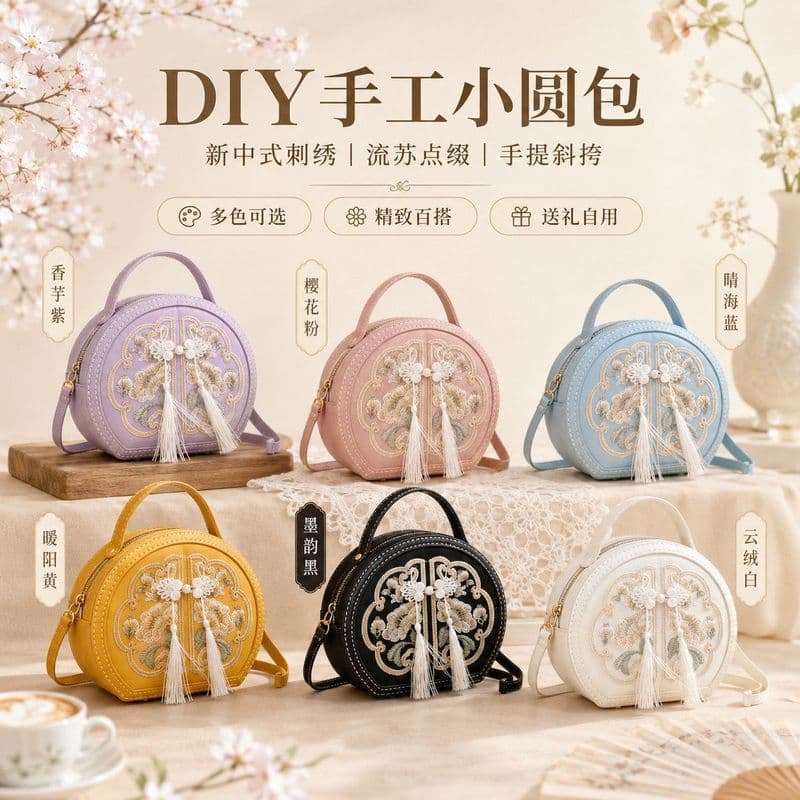Nova bolsa diy novo estilo chinês bordado pequena bolsa redonda feminina estilo chinês bolsa mensageiro portátil diy bol