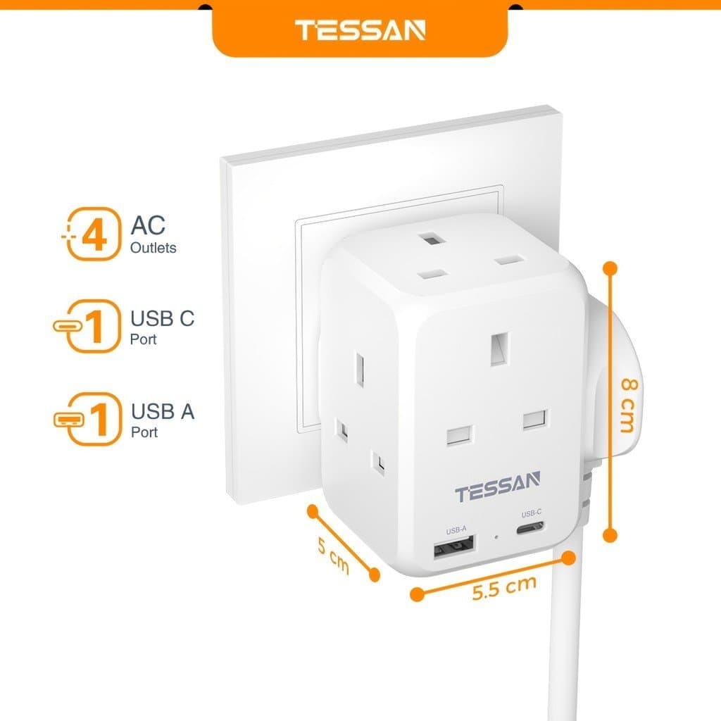 Adaptador Multi-Plug TESSAN com 3 Tomadas, 1 USB-C, 1 USB-A, Carregador USB de 13A 3250W Adequado para Casa, Escritório