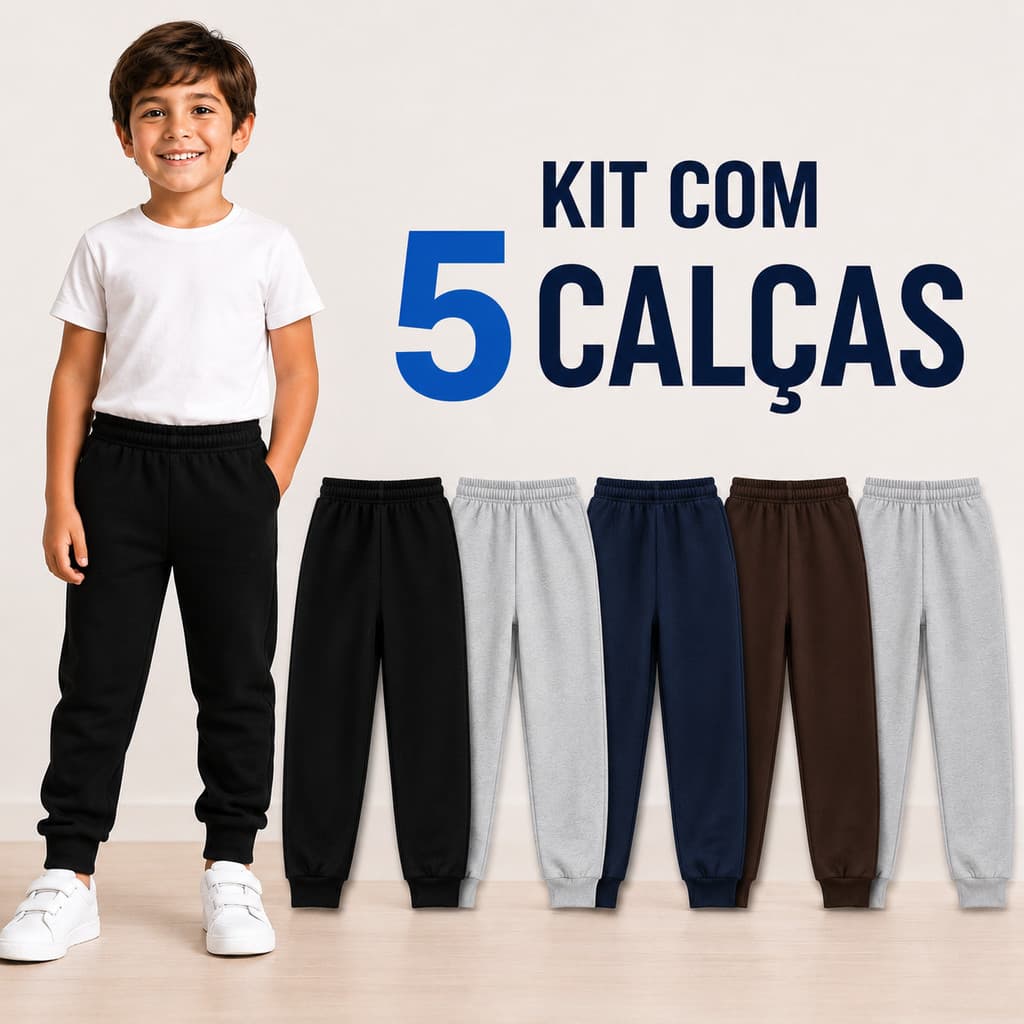 Kit 5 Calças de Moletom Outono Infantil Juvenil Forrada Inverno Punho Menino Confortável Pelúciada