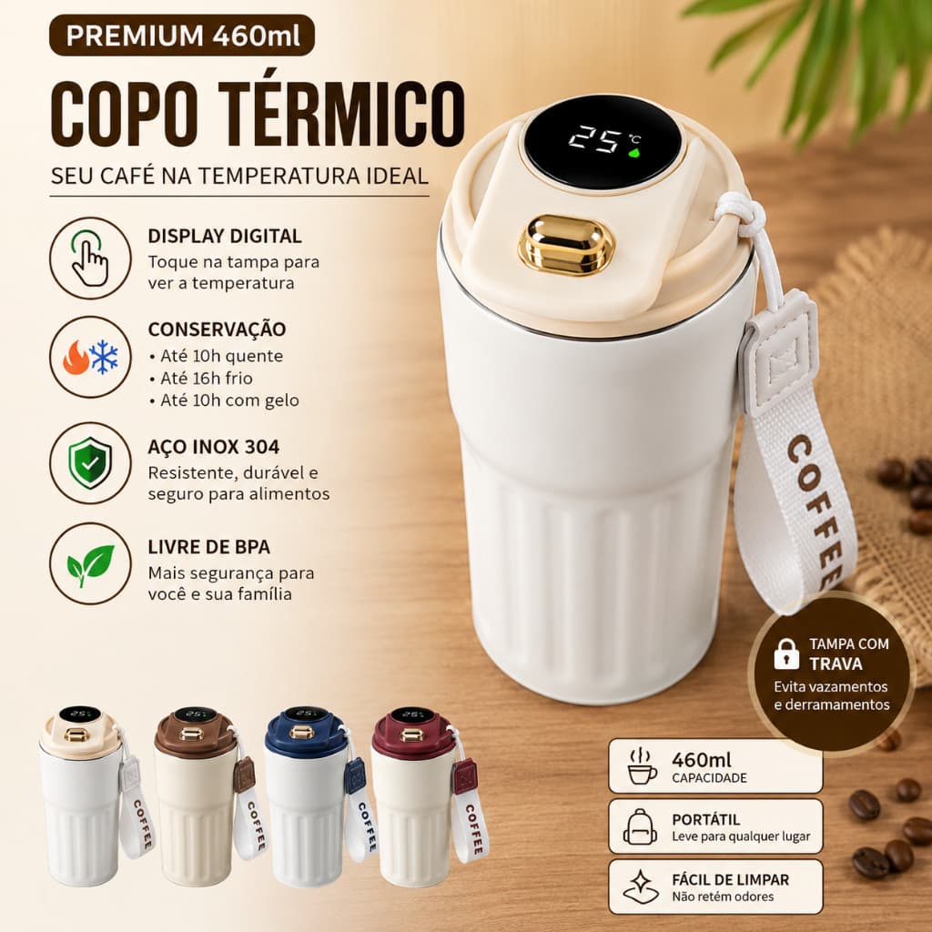 Copo Térmico 460ml com Display Digital de Temperatura Aço Inox 304 Garrafa Térmica Antivazamento BPA Free Quente e Frio