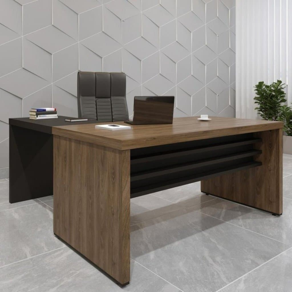 Conjunto Escritório Home Office 2 Peças com Mesa Tamburato Mesa de Apoio Charuto e Preto Artany