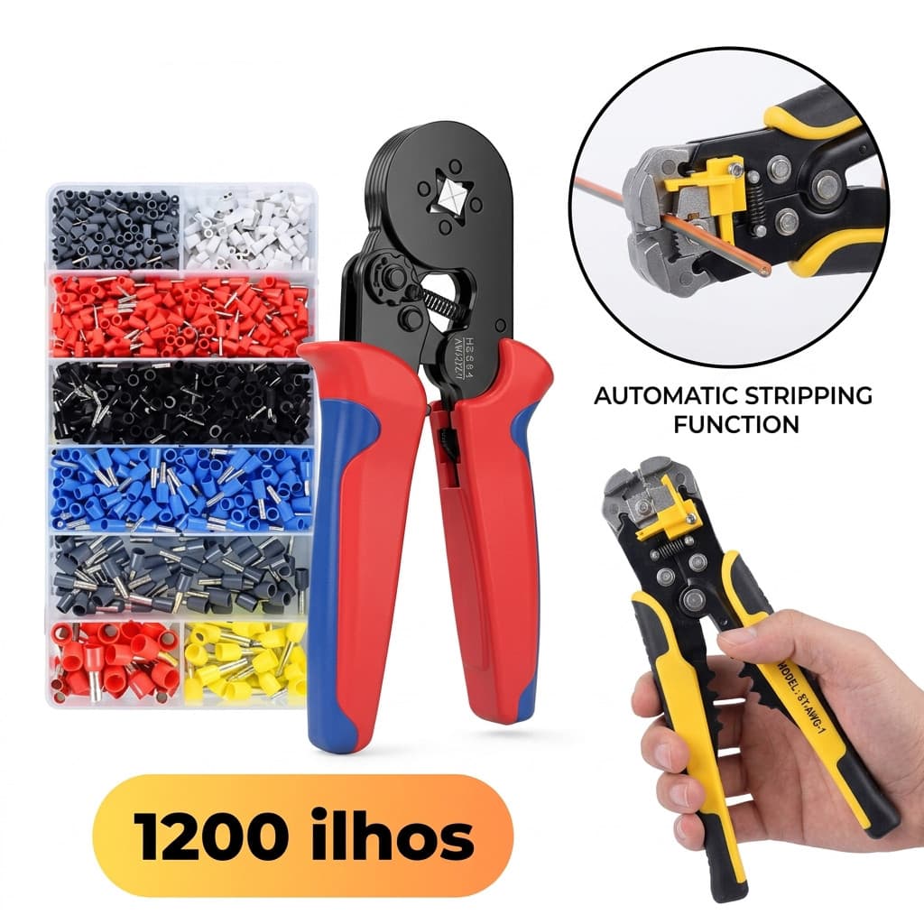 Kit Alicate de Crimpar Terminal com 1200 Ilhós Tubulares Descascador Automático 0,25-10mm² - Estojo Organizador 1