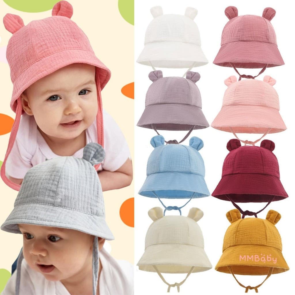 Mbaby-Baby Bucket Hat Chapéu De Pescador De Cor Sólida Resistente Ao Sol Com Decorações De Orelha Para Primavera Verão 3