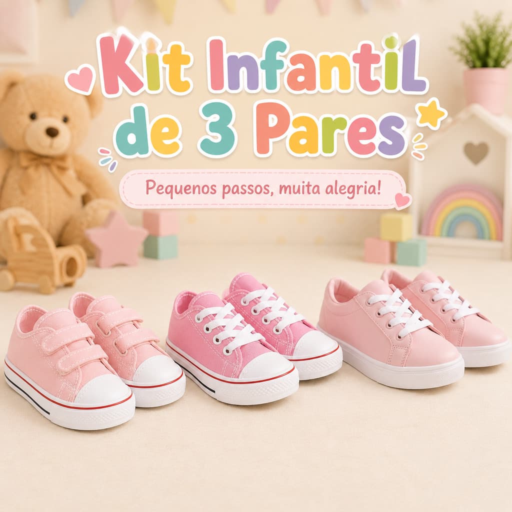 Lindo Kit 3 Pares Tênis Infantil Masculino feminino Unissex casual Escolar