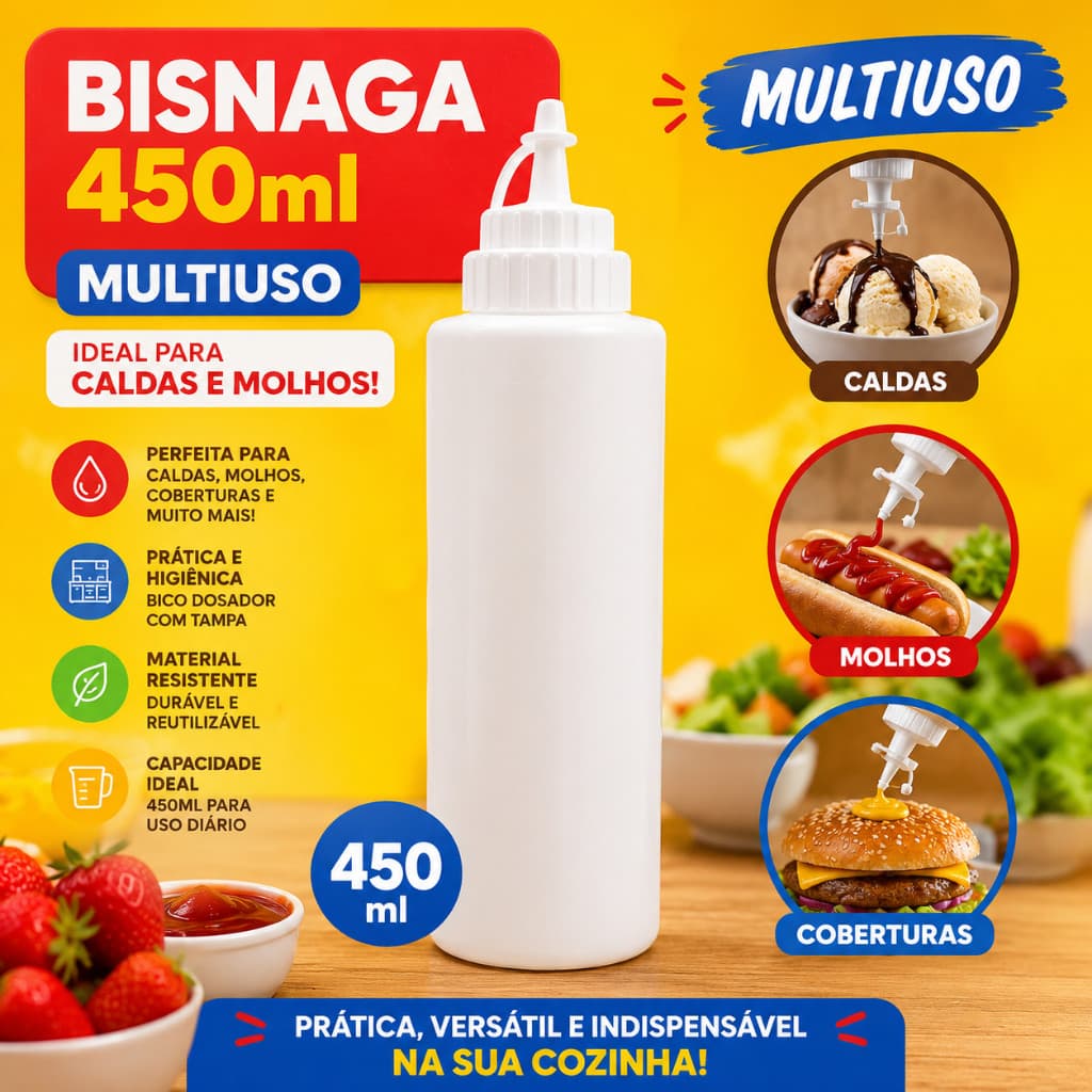 Bisnaga 450ml Multiuso Com Tampa Para Molhos Caldas Coberturas Bisnaga Plástica Dosadora