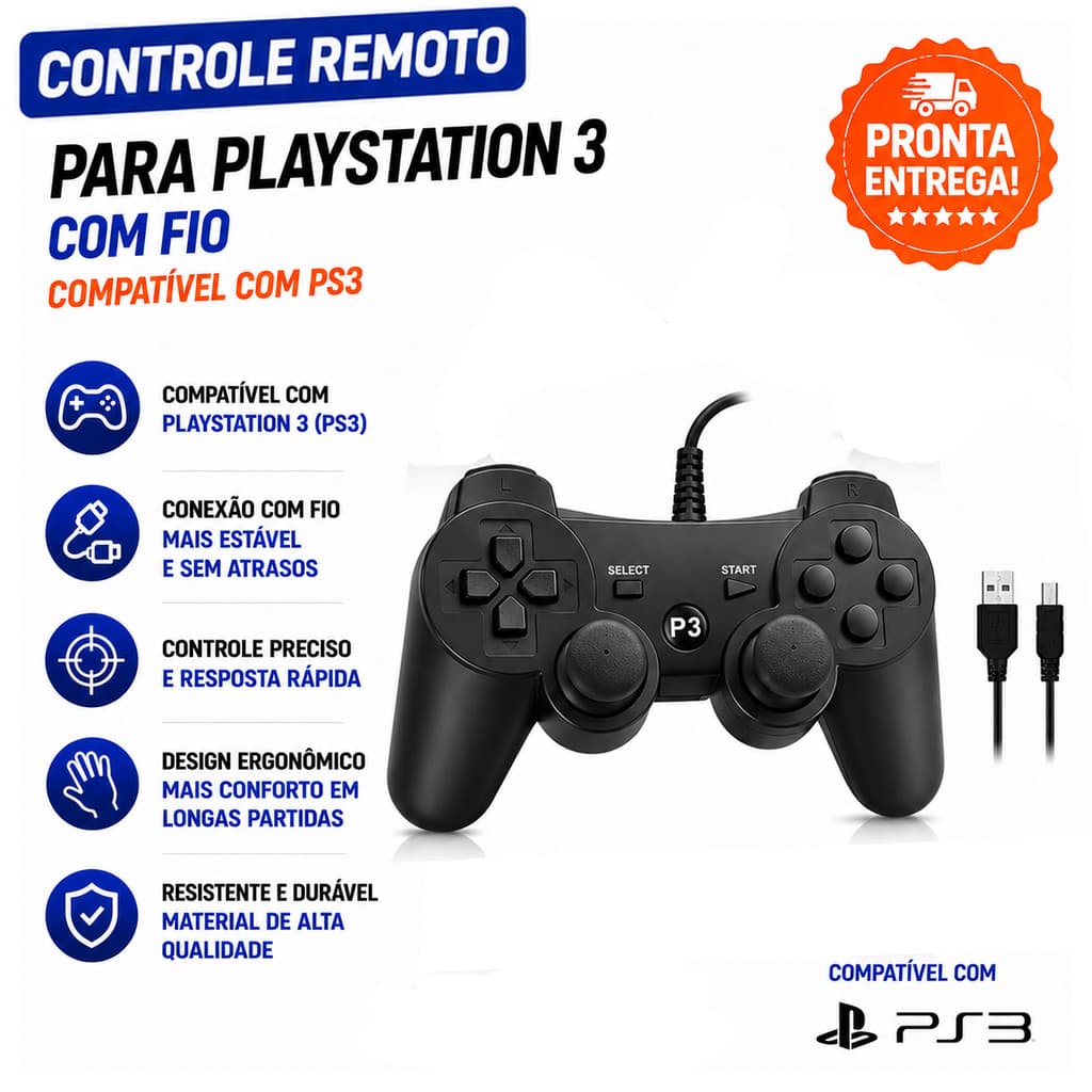 Controle Manete Com Fio Compatível Computador PC e Play/Station 3 PS3 USB Joystick