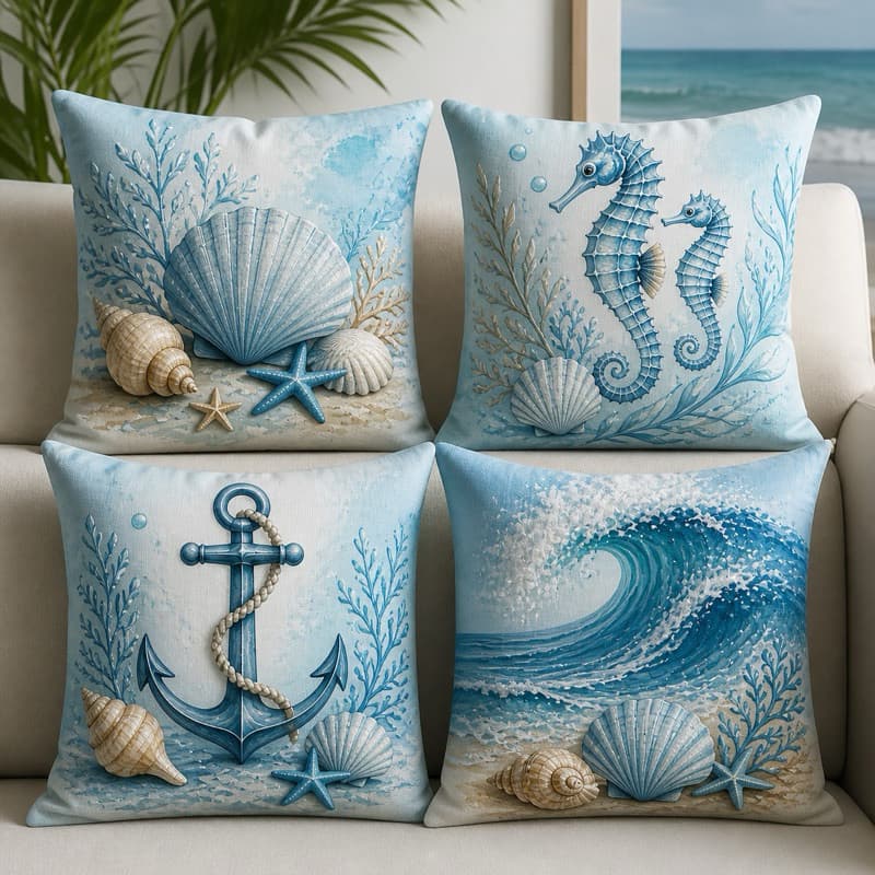 Kit 4 capas de almofadas estampa concha mar praia 45x45