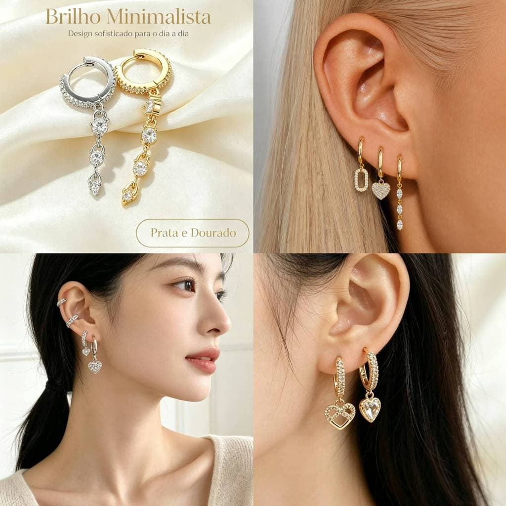 Kit 3 Pares de Brincos Femininos Argolas com Zircônia Luxo Ouro e Prata Delicado Elegante Acessório Para Diário 35-47