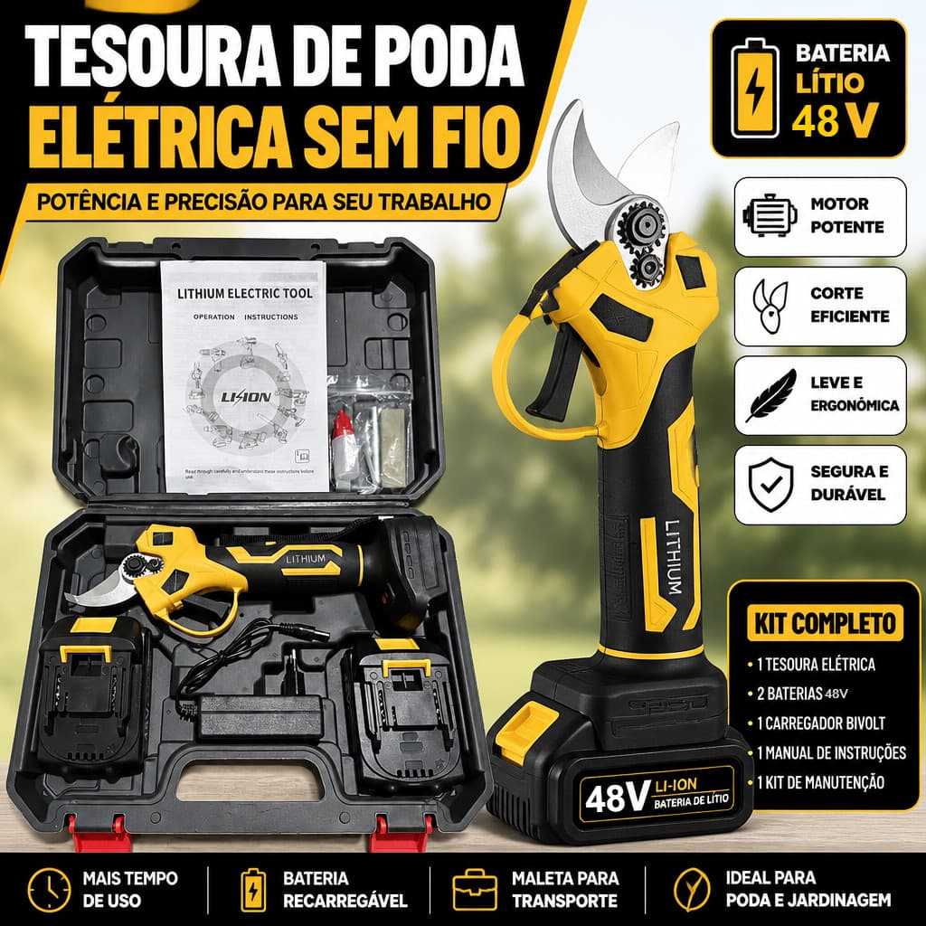 Tesoura de Poda Elétrica Recarregável Sem Fio Bateria Lítio Dupla Bateria Para Podar Árvores e Plantas e Jardinagem