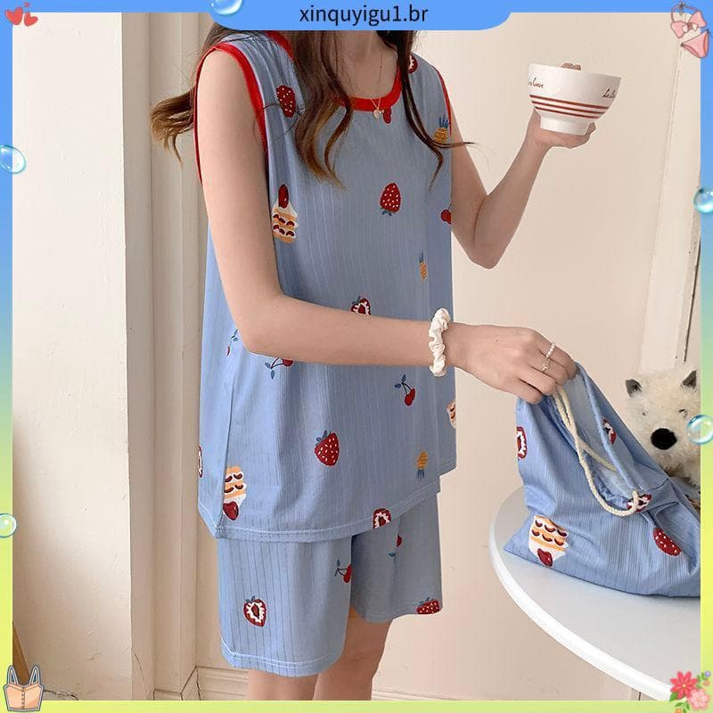 Pijamas de tamanho grande feminino 100kg verão estilo fino colete de seda gelo Shorts terno de duas peças bonito doce se