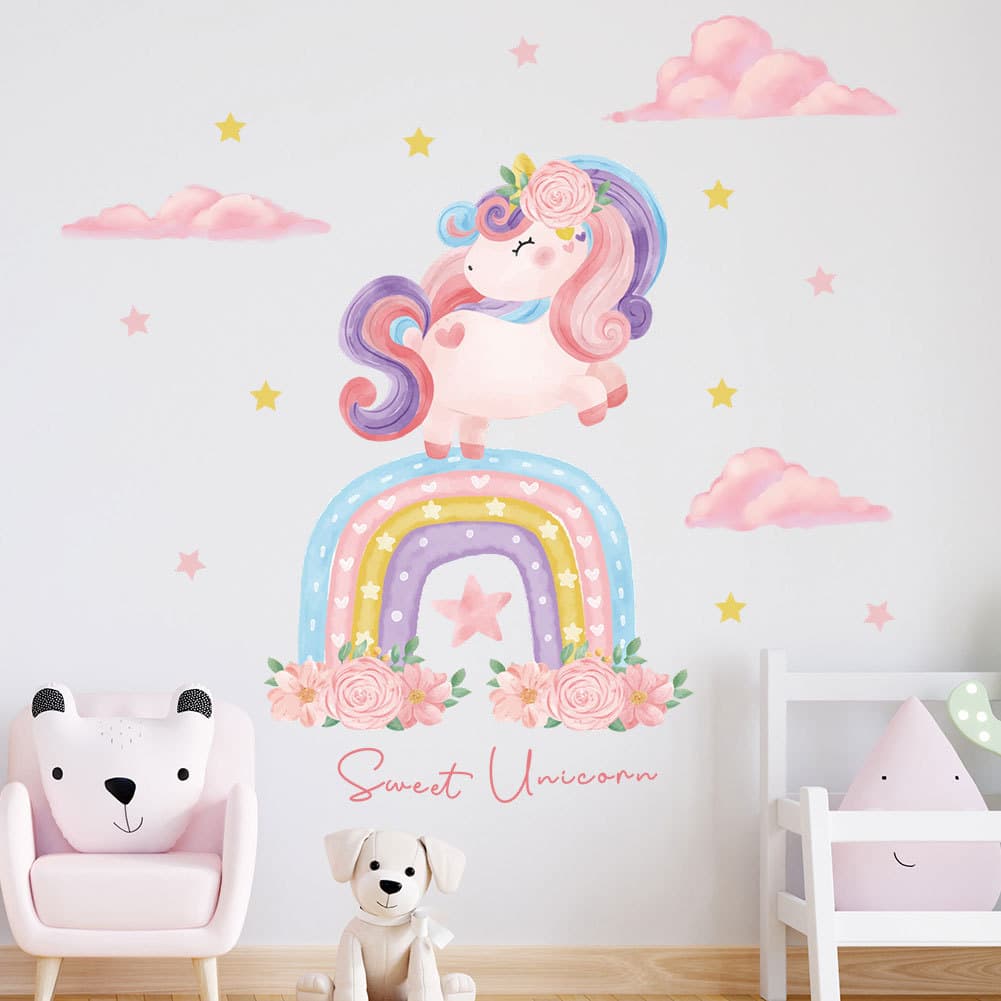 Papel de parede dos desenhos animados arco-íris unicórnio adesivo de parede do quarto das crianças papel de parede decor