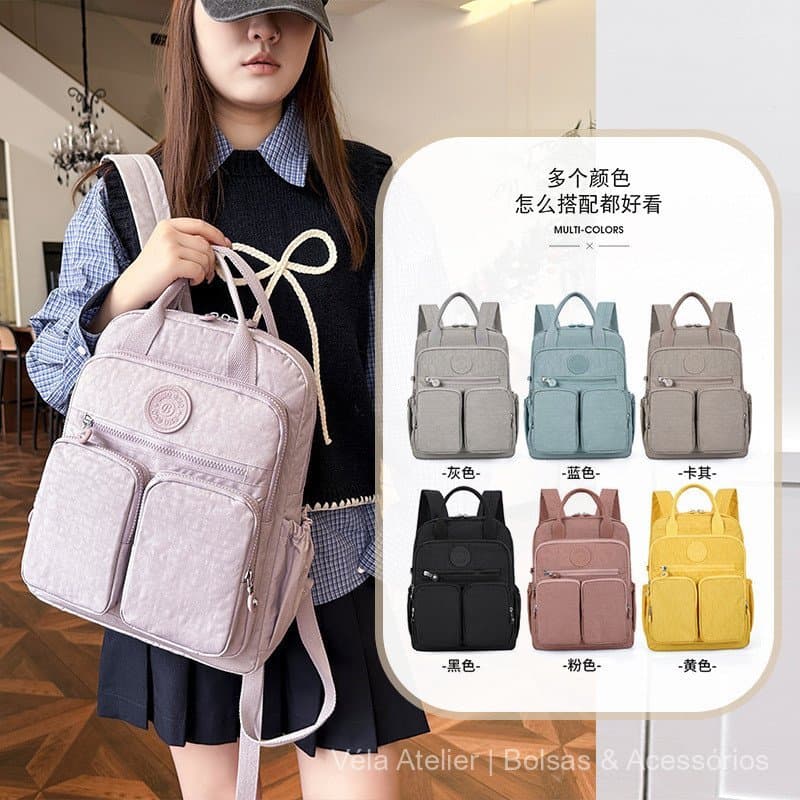 Mochila Feminina Nylon Impermeável Multibolsos Grande Para Maternidade Trabalho Passeio