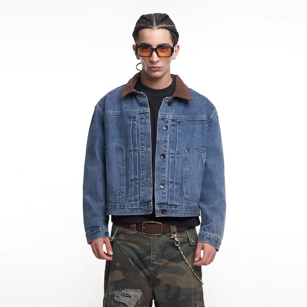 Contraste cor costura lapela Denim jaqueta feminina temperamento solto terno primavera 7.27