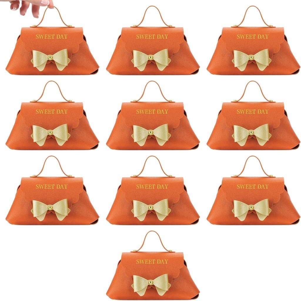 CAIRIAC 10 PCS Sacolas de Presente em Couro PU Laranja com Alças - Sacolas Reutilizáveis para Festas com Laço e Letras D