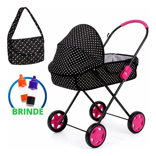 Carrinho Xikitinha Preto & Rosa Para Bebê Reborn Com Bolsa
