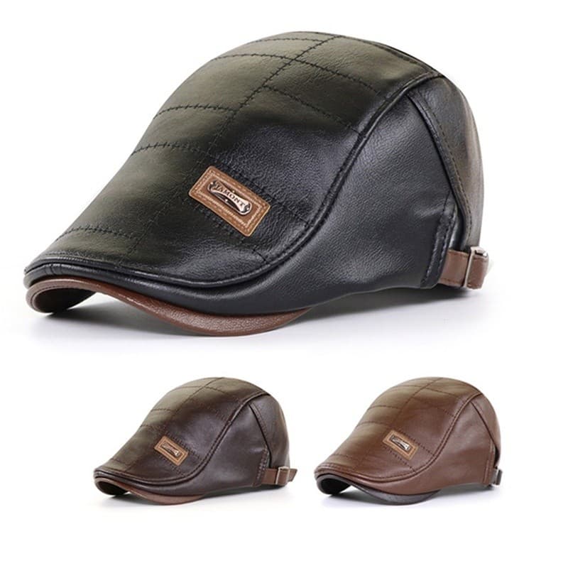Boina Masculina Chapéu De Couro Boné Plano Quente Outono Inverno Masculino Ajustável Gatsby Retro Bonés