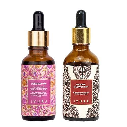 Cuidados com a pele dia e noite iYURA Kesaradi Oil ®   e Elixir Manjish Glow ®   Conjunto