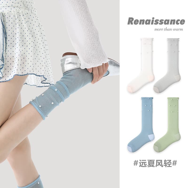 Renaissance Original meias femininas desossadas pérola Mid-tube meias femininas simples cor sólida ins estilo fino pilha