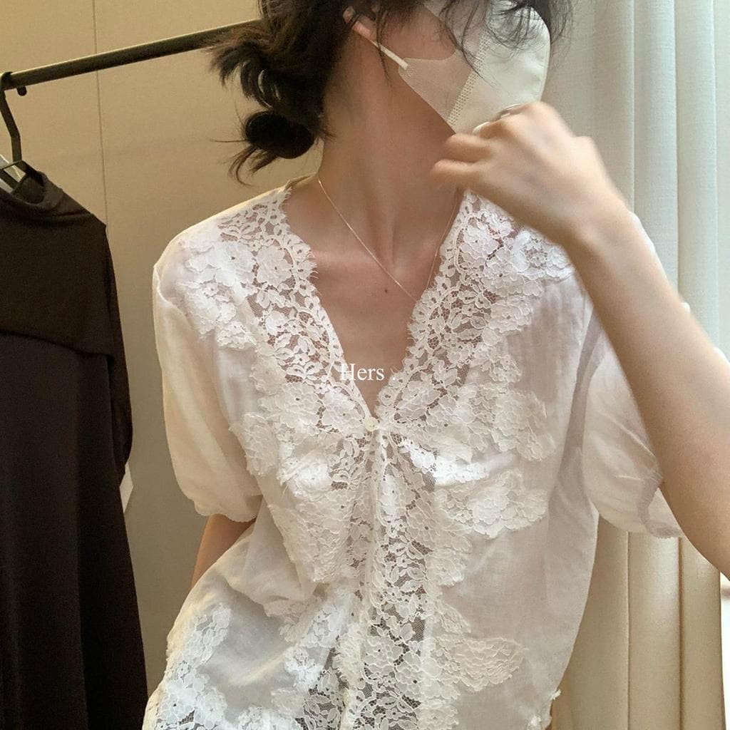 [Novidades] Design Sense Nicho Oco Crochê Renda Costura Camisa Feminina Verão Novo Estilo Estilo Francês Moda Redutor de