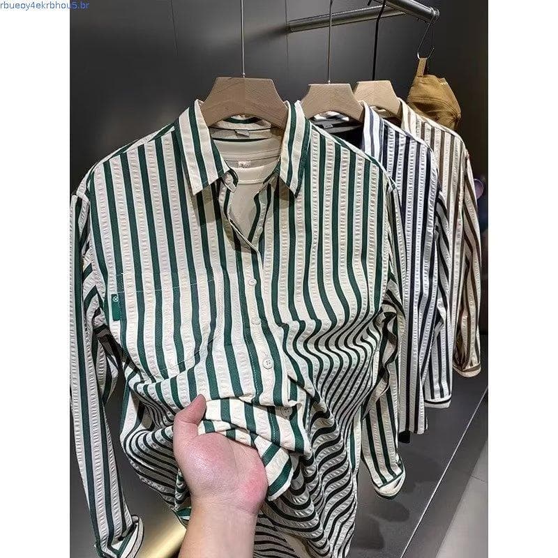 2025 primavera outono nova csa masculina ins estilo coreano não-ferro Casual de manga comprida bolha listrado csa