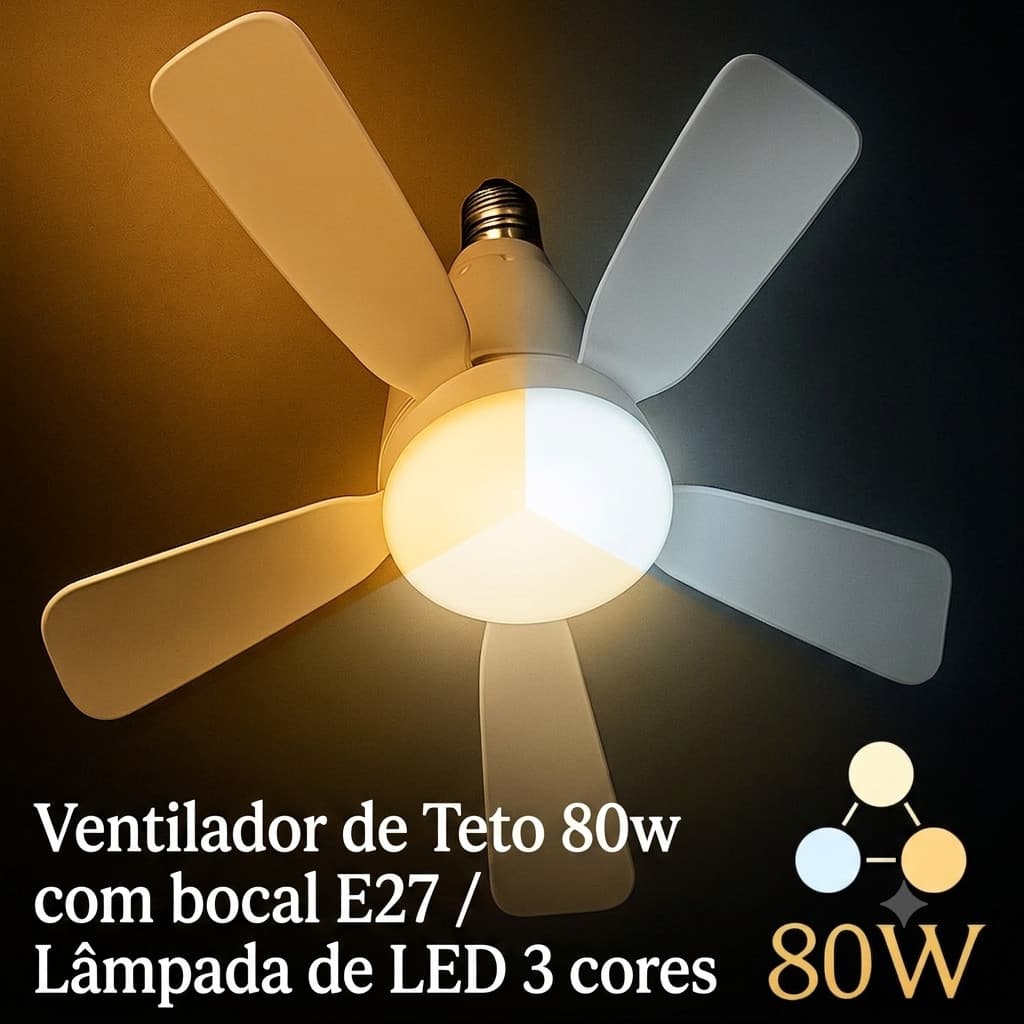 Ventilador Turbo de Teto Silencioso Oval 80w 5 Pás LED 3 Cores E27 Controle Função Timing Bivolt