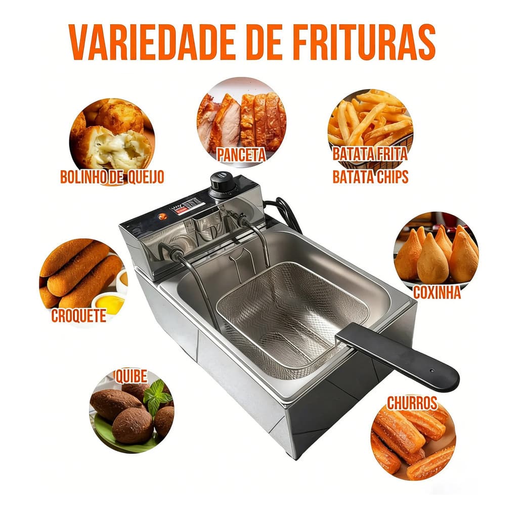 Fritadeira Elétrica Industrial 6-10L 1 Cuba Inox 4200W Ideal para Lanchonetes e Restaurantes