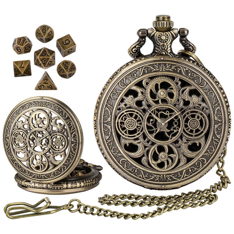 Conjunto de 7 peças de dados poliédricos de metal para DND, com caixa de relógio de bolso com engrenagens, corrente FOB,