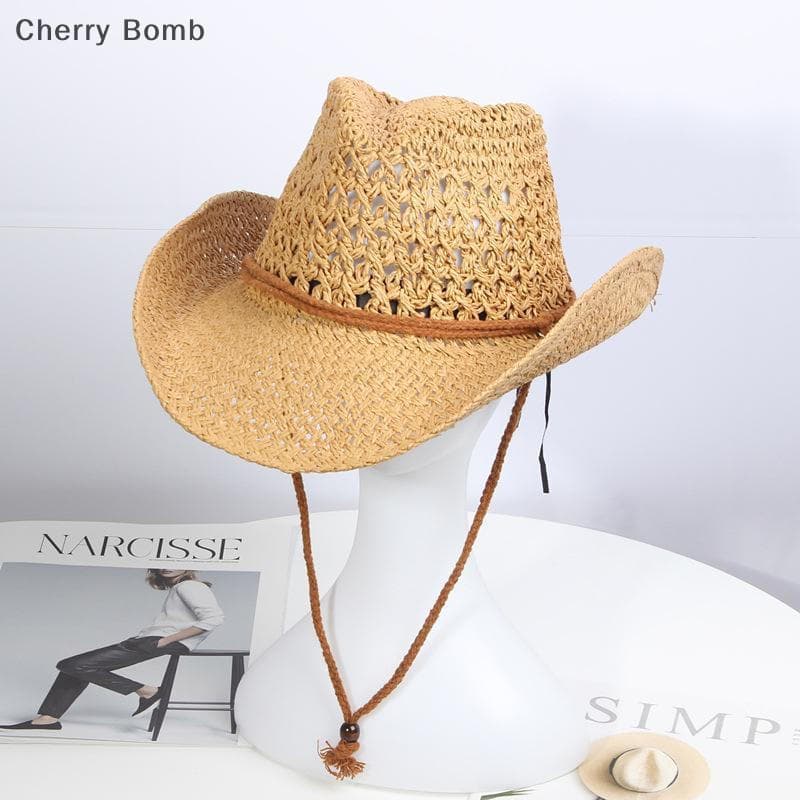 (Bomba De Cereja) Chapéu de Cowboy Ocidental de Palha para Homens e Mulheres, Estilo Cowgirl, Aba Larga Moldável, Chapéu