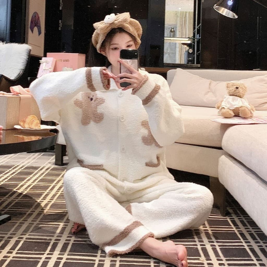 Bonito urso contraste cor estilo Preppy meia face velo Loungewear Cardigan roupas femininas 2026 novo estilo pijamas sol