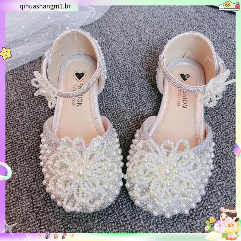 Sapatos de princesa infantil 2025 primavera verão novo estilo desempenho pérola strass meninas sapatos de couro meninas