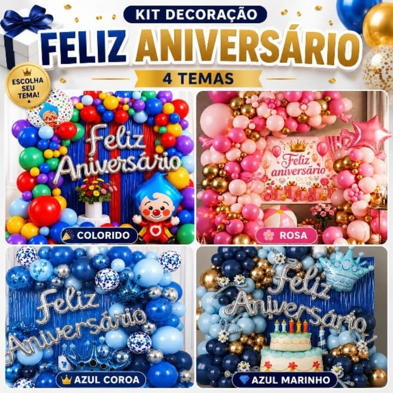 Kit Decoração Festa Feliz Aniversário Completo Balões Painel Cortina 4 Temas
