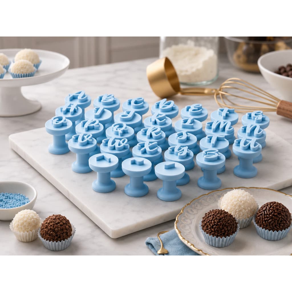 Kit 26 Carimbo Brigadeiro Letras de A à Z Com Ramos Enfeitando Para Docinhos De Festa Confeitaria Molde