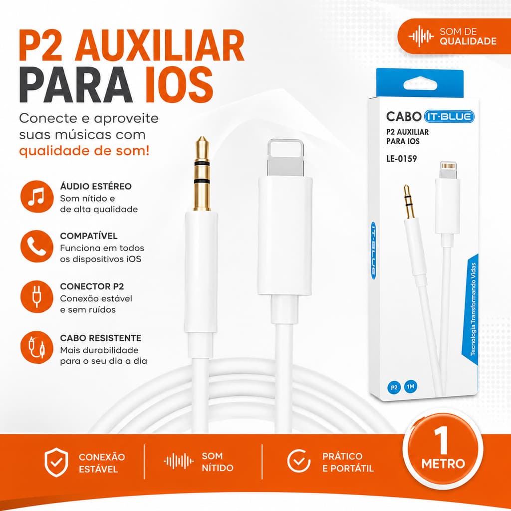 Cabo Auxiliar P2 para iOS iPhone Áudio de Qualidade 1M P2 3.5mm