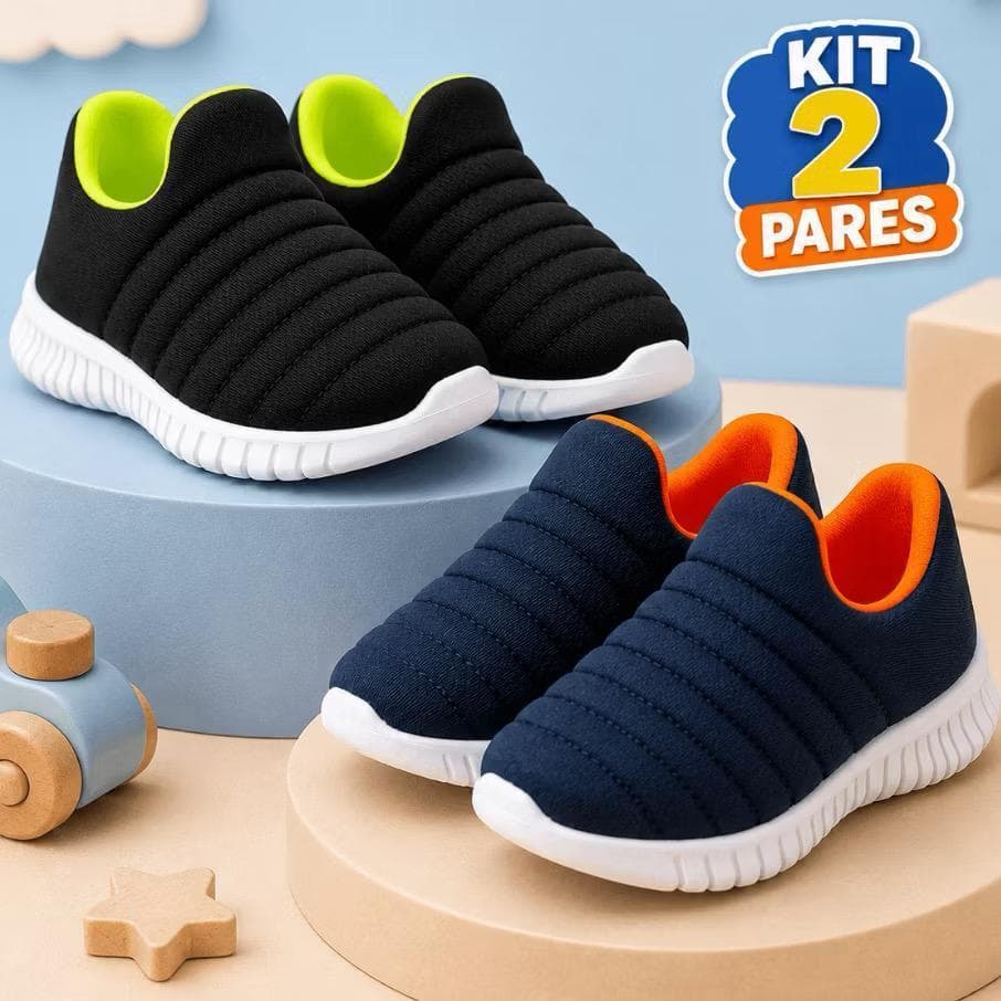 Kit 2 Pares Tênis Calce Fácil Infantil Acolchoado Bordado Menino Lançamento Volta ás Aulas Promoção