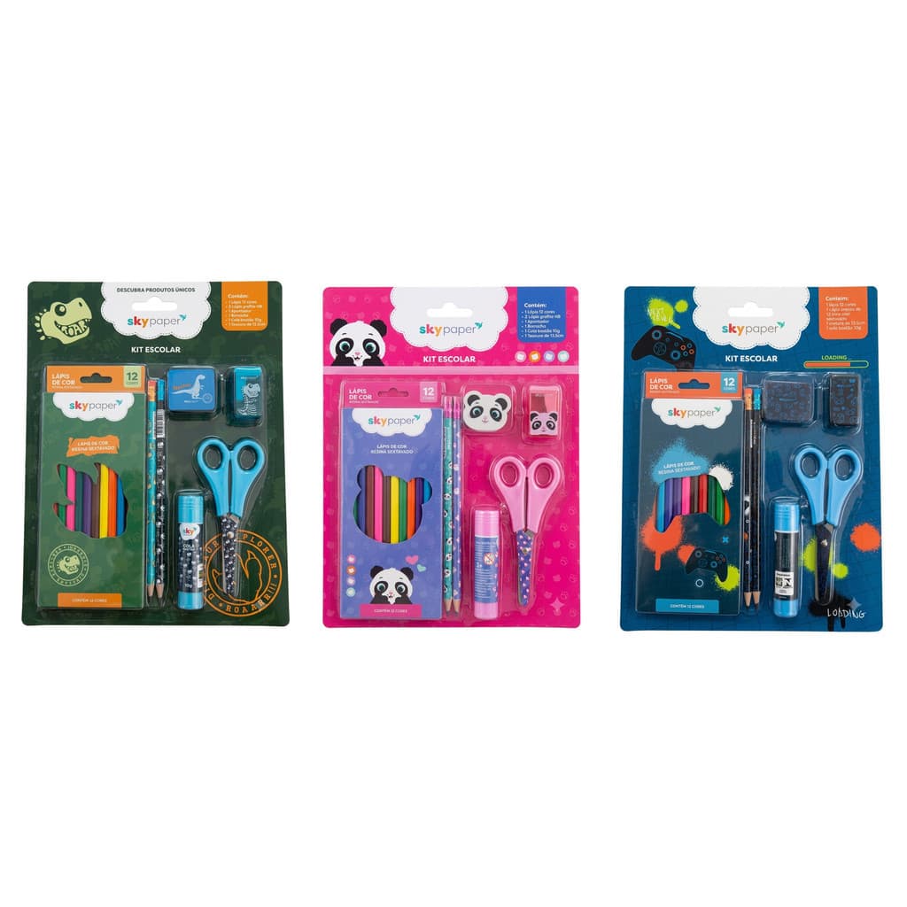 Kit Escolar Infantil 18 Peças Sky Paper – Dinossauro, Panda ou Gamer - Volta às Aulas
