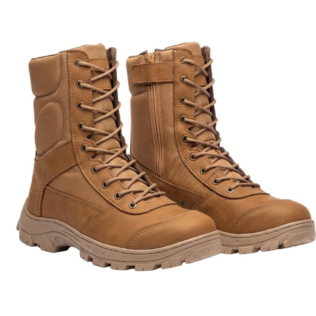 Coturno coyote exército extra leve com ziper coyote colado e costurado couro hidrofugado nobuck