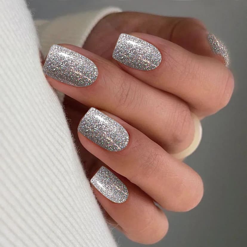 Glitter Prata Curto Quadrado Imprensa Em Unhas Brilhantes Ins Estilo Europeu Kit De Pontas De Falsas