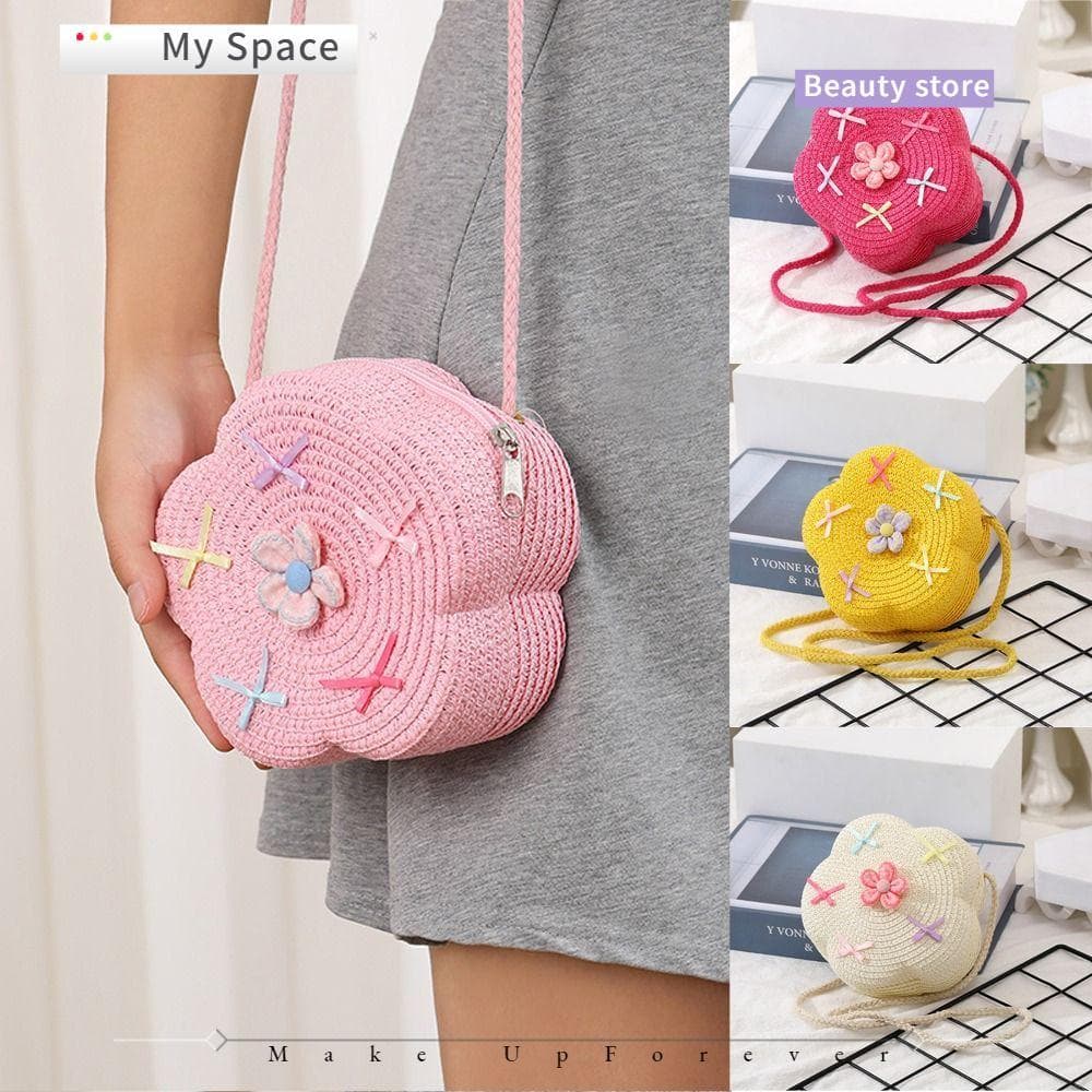 Minha Bolsa Crossbody , Bolsas De Ombro Feitas À Mão Com Flores , Mensageiro De Palha Laço , Crianças E Meninas