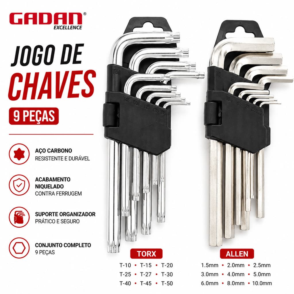 Jogo de Chaves Allen e Torx  9 Peças Cada ou kit com 18 peças